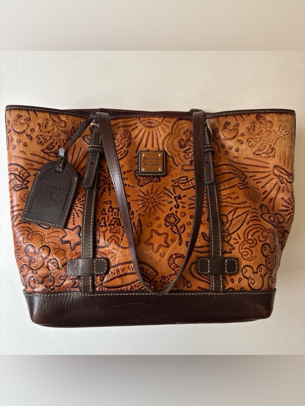 Dooney & Bourke Disney Parks Cognac Leather Pouch Sketch Tote Distressed Bag